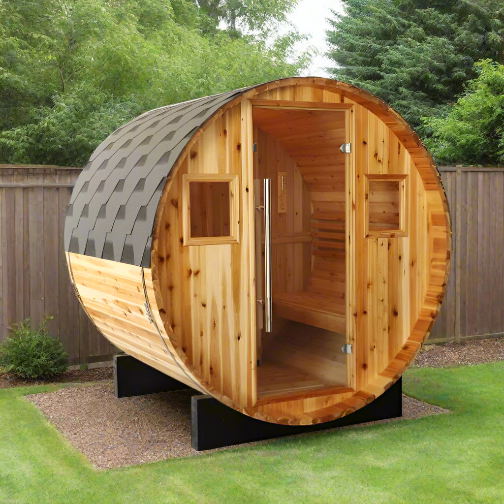 Aurora traditional barrel sauna - front angle view