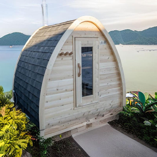 Dundalk MiniPOD 4 Person Outdoor Traditional Steam Sauna CTC77MW at the lake - angled front