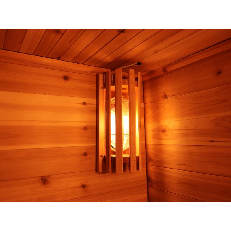 SunRay Denali HL400DS Outdoor Home Sauna - a close up view of the interior light illuminated behind the light guard.