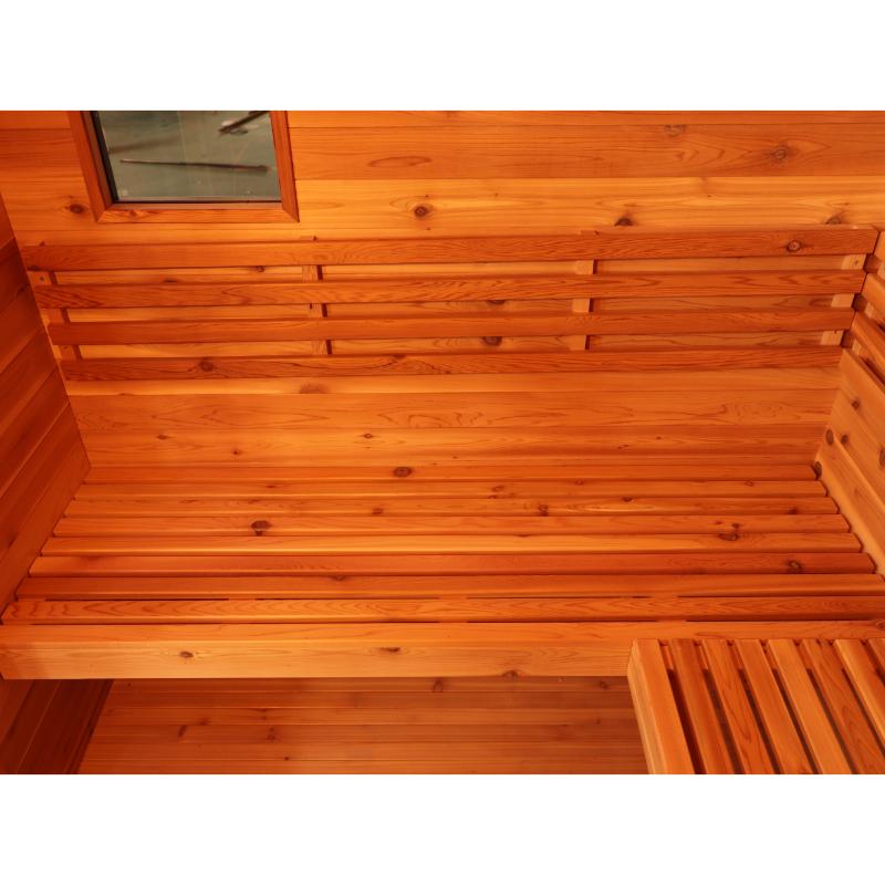 SunRay Denali HL400DS Outdoor Home Sauna - interior close up view of the benches. Slight view of a portion of the side tempered glass window on the side wall just above the backrest.