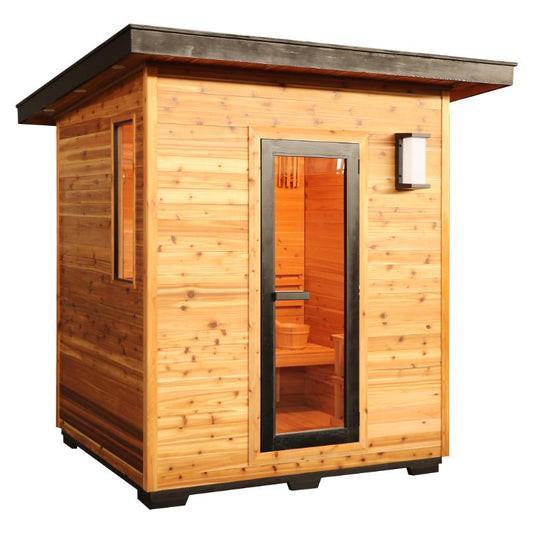 SunRay Denali HL400DS Outdoor Home Sauna - angled full front view showing peak inside through tempered glass in the door to the bucket on the bench inside. A tempered glass window is on the left side wall.