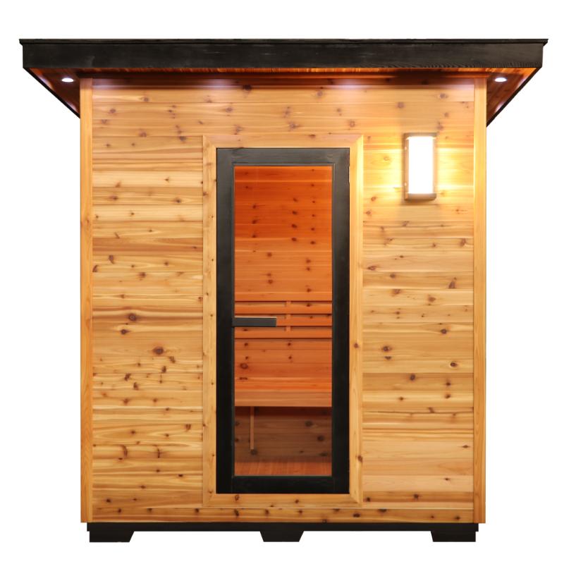 SunRay Denali HL400DS Outdoor Home Sauna - full front view, no background. Tempered glass door in the center has a black frame and handle. Exterior light illuminated to the top right of the door.