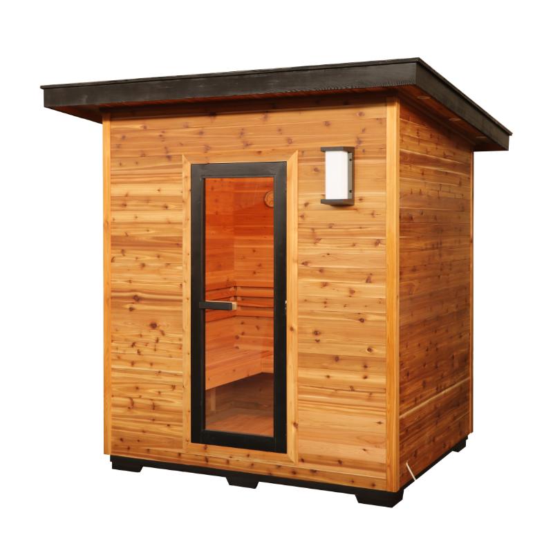 SunRay Denali HL400DS Outdoor Home Sauna - full front, angled view with a look through the tempered glass door to the bench inside. Exterior light to the top right of the door.