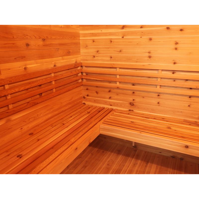 SunRay Denali HL400DS Outdoor Home Sauna - interior view of the benches where the side wall meets the back wall.