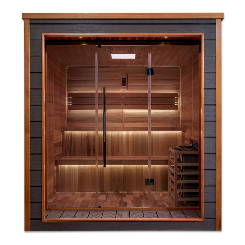 Bergen Home Steam Sauna - direct front view with interior backlight illuminated under the benches