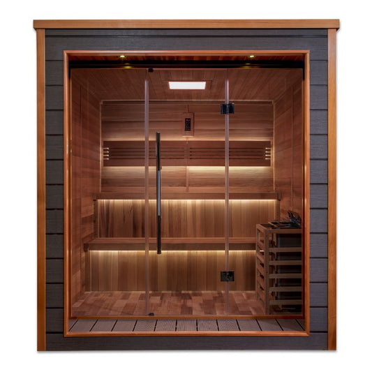 Bergen Home Steam Sauna - direct front view with interior backlight illuminated under the benches