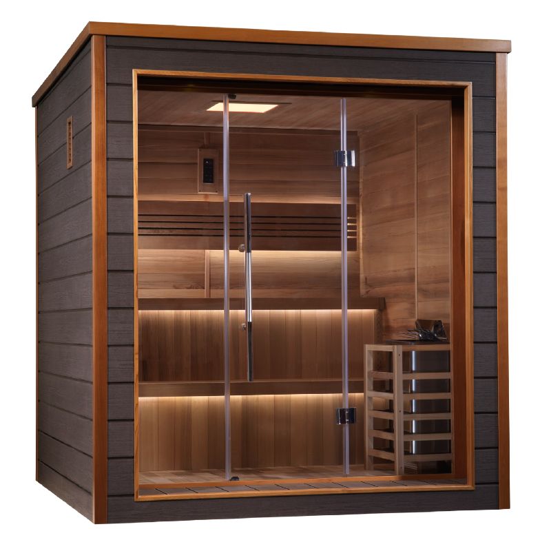 Bergen Home Steam Sauna - another angled view of the font showing full glass door and front wall. Interior backlight illuminated