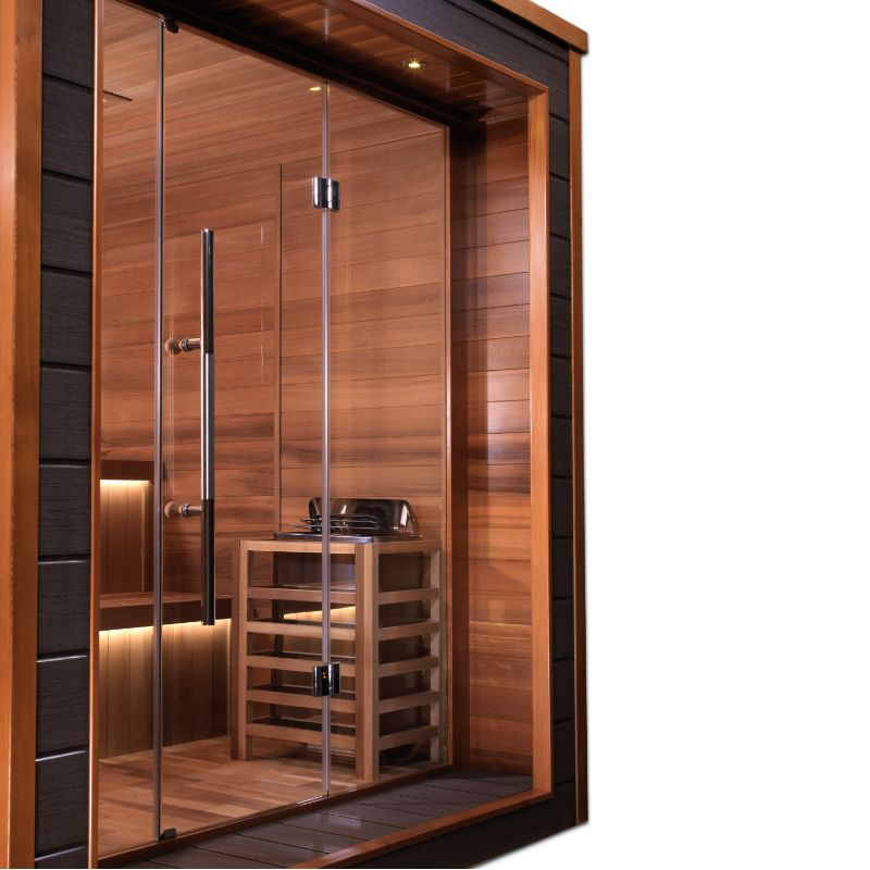 Bergen Home Steam Sauna - angled view showing the sauna heater inside along the right wall with a heater guard around it