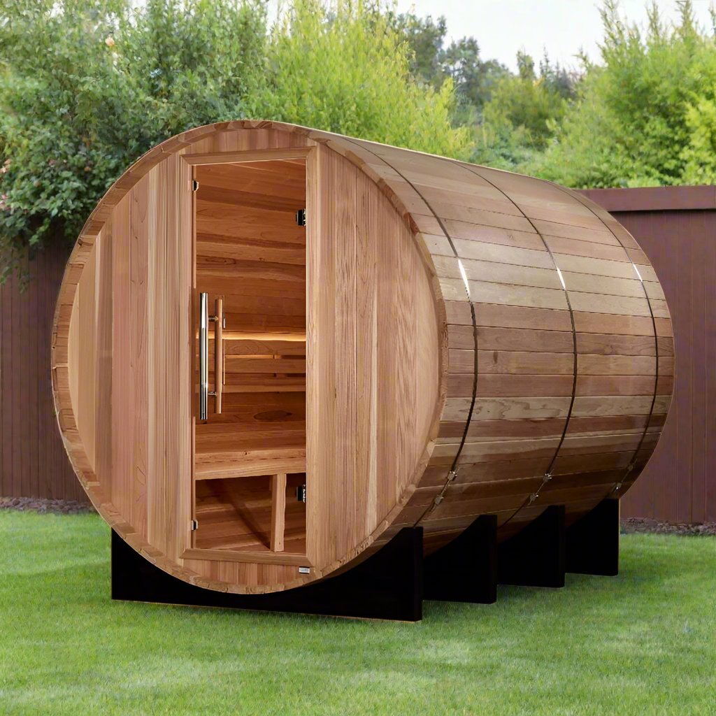 Golden Designs - Klosters Barrel Sauna GDI-B006-01 - another front angled view
