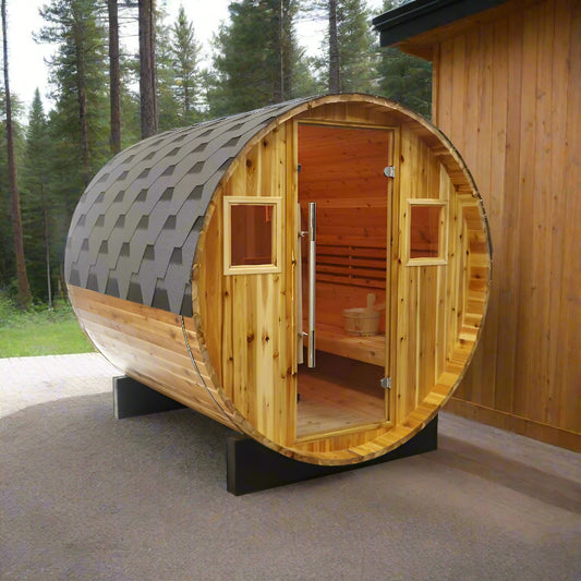 Galley barrel sauna - angled front view