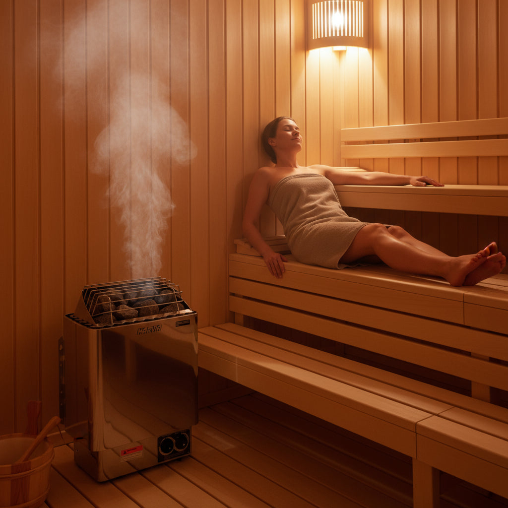 Harvia sauna heater beside a bench with a person in a towel