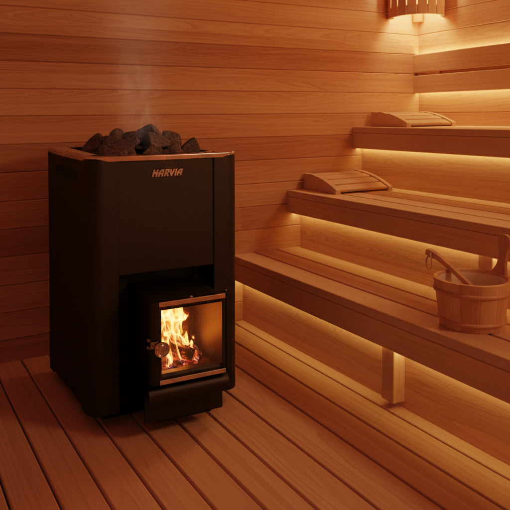 Black Harvia stove with visible flames and stone bed on a white background