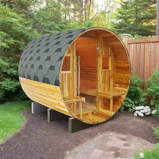 Oasis barrel sauna - angled front view