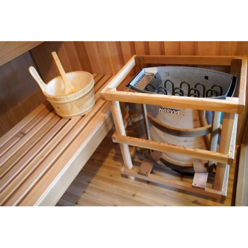 Charleston Indoor Traditional Steam Sauna HL400TN-view of bucket and ladle on bench and heater beside