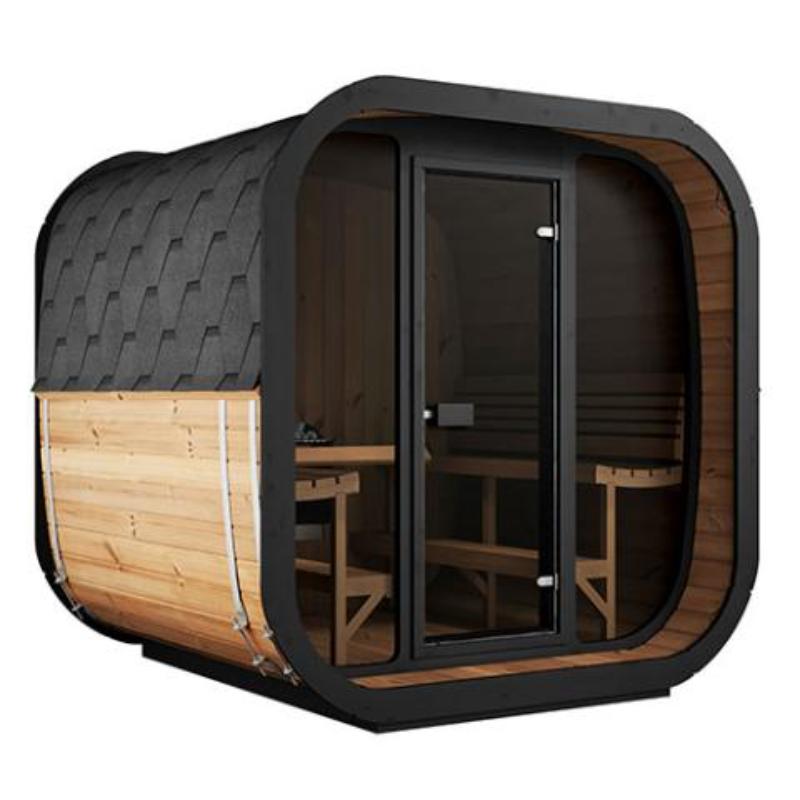 Sauna Life CL7G Home Cube Sauna - full angled exterior, showing shingled roof, glass wall and door with side benches inside. No background.