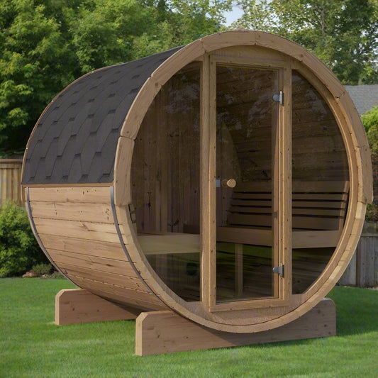 SaunaLife Model E8G Barrel Sauna - front angled view
