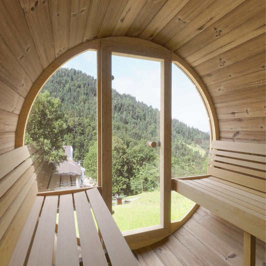 SaunaLife Model E8G Barrel Sauna - view the glass wall from inside