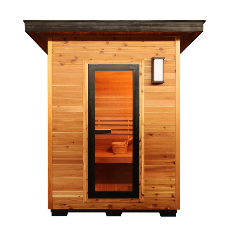 SunRay Seneca HL300DS Home Steam Sauna - full front view showing the tempered glass door with metal frame. Exterior light to the top right of the door.