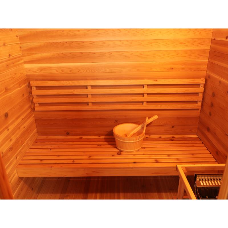 SunRay Seneca HL300DS Home Steam Sauna - interior view of bench with bucket and ladle.
