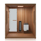 Trinity 4-Person Hybrid Home Sauna with Infrared & Traditional Heat - back wall cut-away showing interior, infrared heater by the door and electric heater beside.