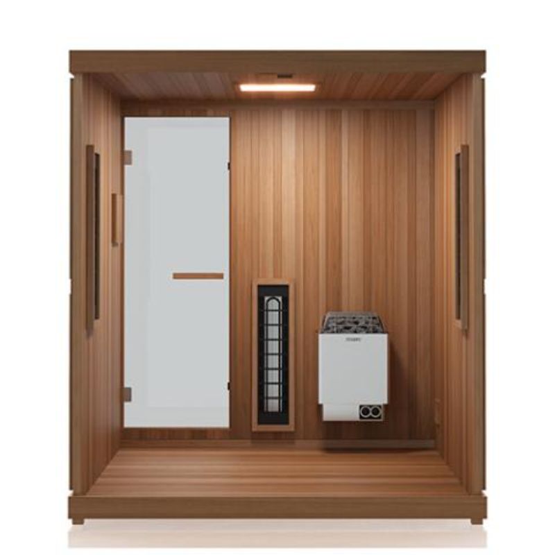Trinity 4-Person Hybrid Home Sauna with Infrared & Traditional Heat - back wall cut-away showing interior, infrared heater by the door and electric heater beside.