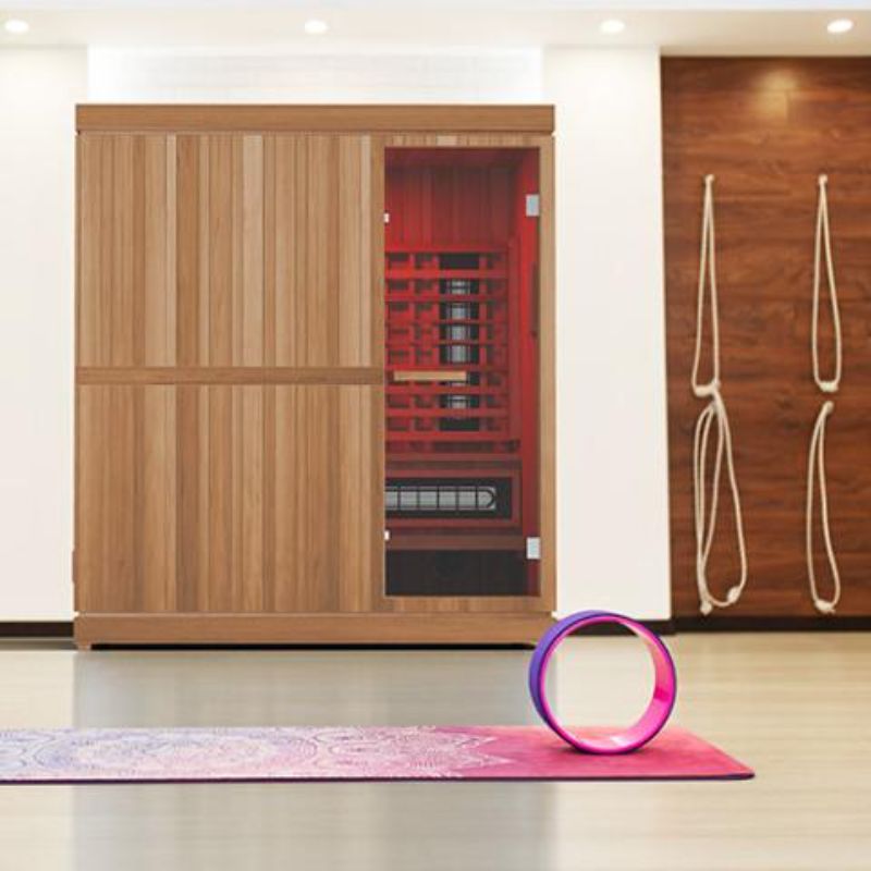 Trinity 4-Person Hybrid Home Sauna with Infrared & Traditional Heat - on display in a home gym.