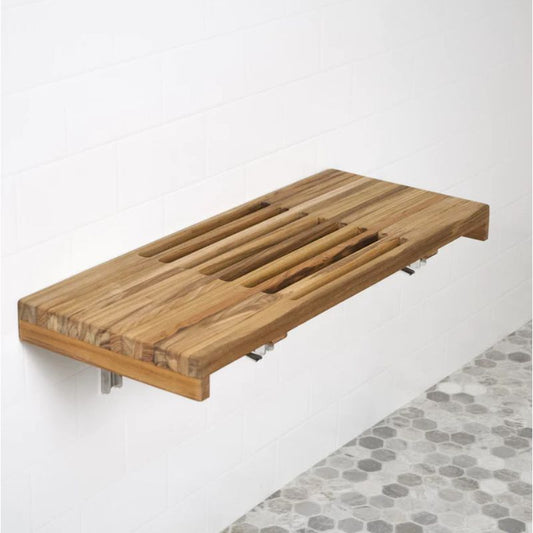 Wall Mount Fold Down Teak Bench with Slot Openings - full view installed