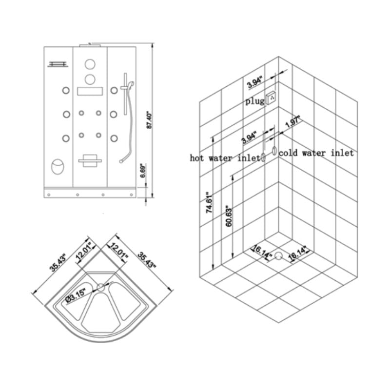 Ariel Platinum DZ934F8 | 36 x 36 Walk-in Luxury Steam Shower 3 kW Generator - specs