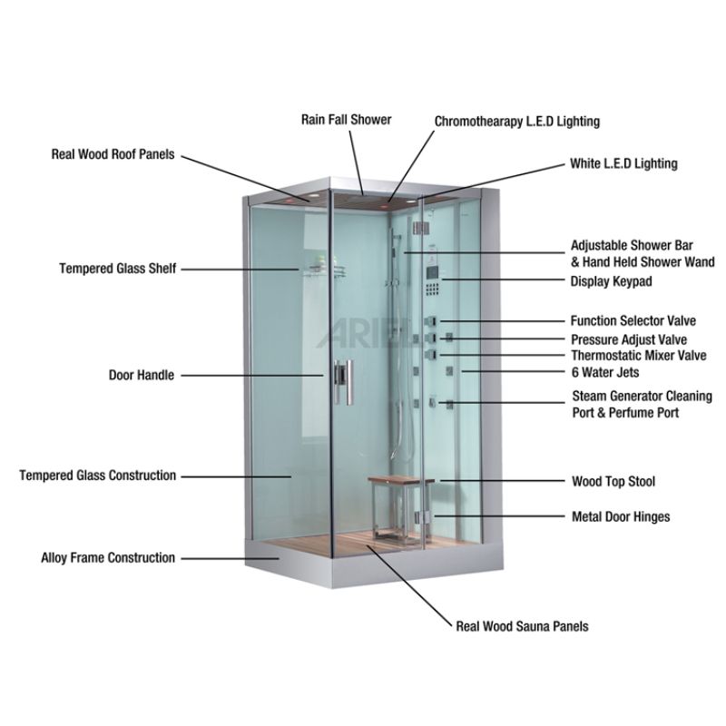 Ariel Platinum DZ961F8 - 59 x 35 Tranquil 6 kW Walk-in Steam Shower - specs