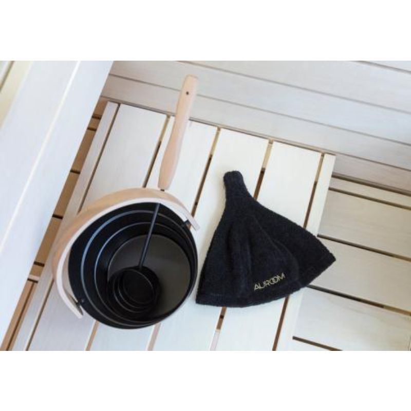 Steam Sauna Hat - lying on sauna bench beside bucket
