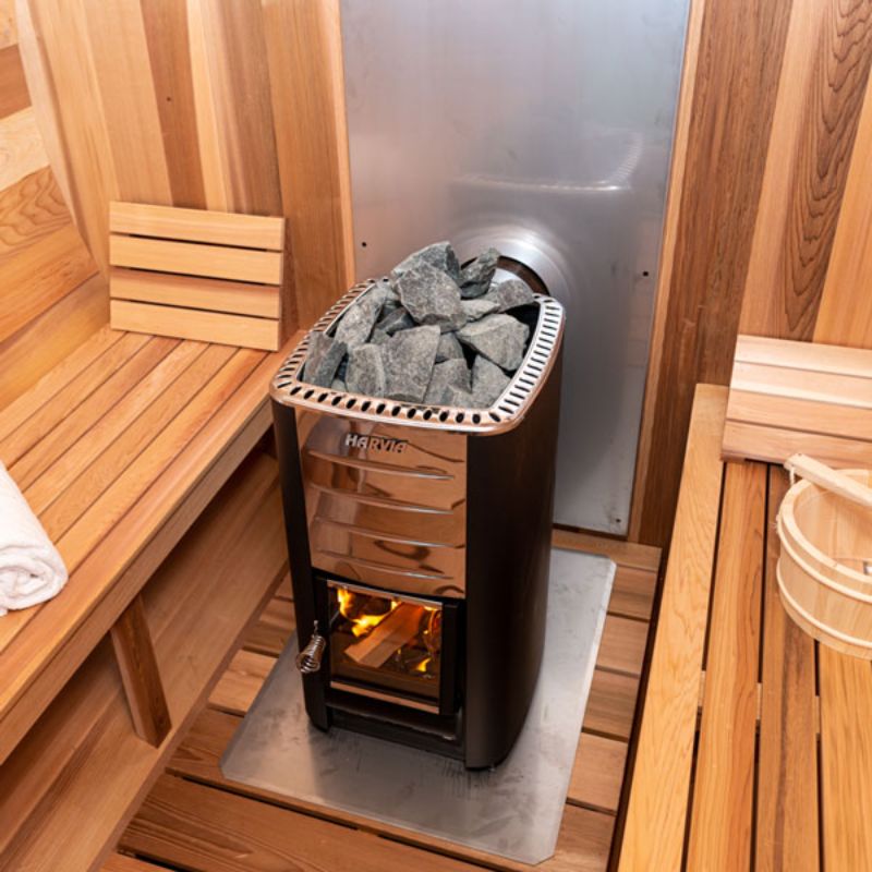 Chimney & Heat Shield for back wall BSB212 -interior view of wood stove attached