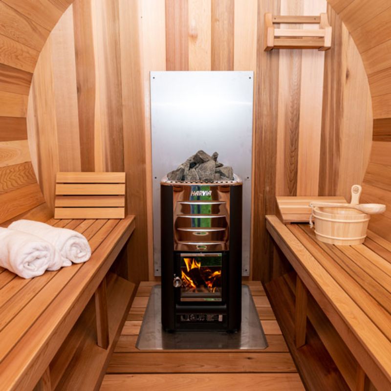 Chimney & Heat Shield for back wall BSB212 - interior view of wood stove attached
