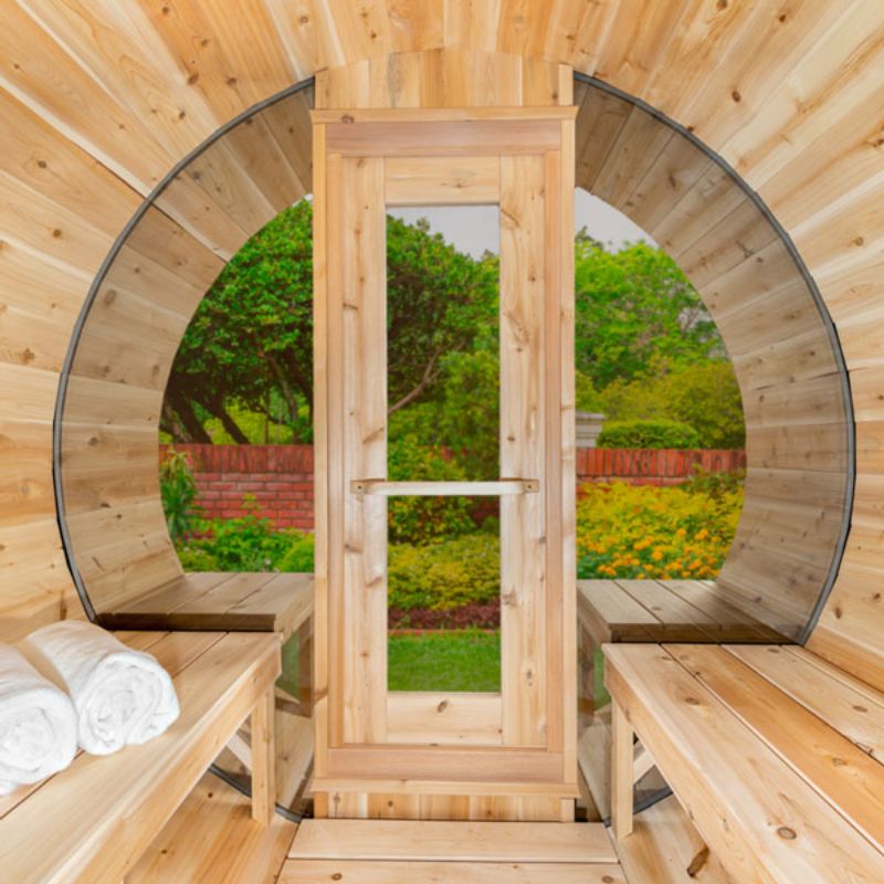 Dundalk Tranquility Barrel Sauna CTC2345MP - inside looking out the front