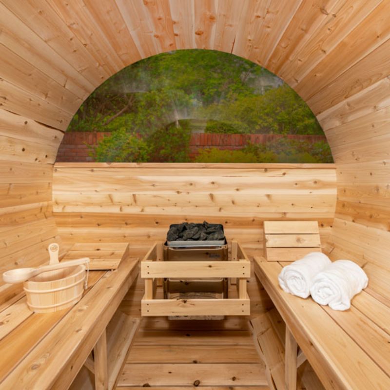 Dundalk Tranquility Barrel Sauna CTC2345MP - inside looking out the back