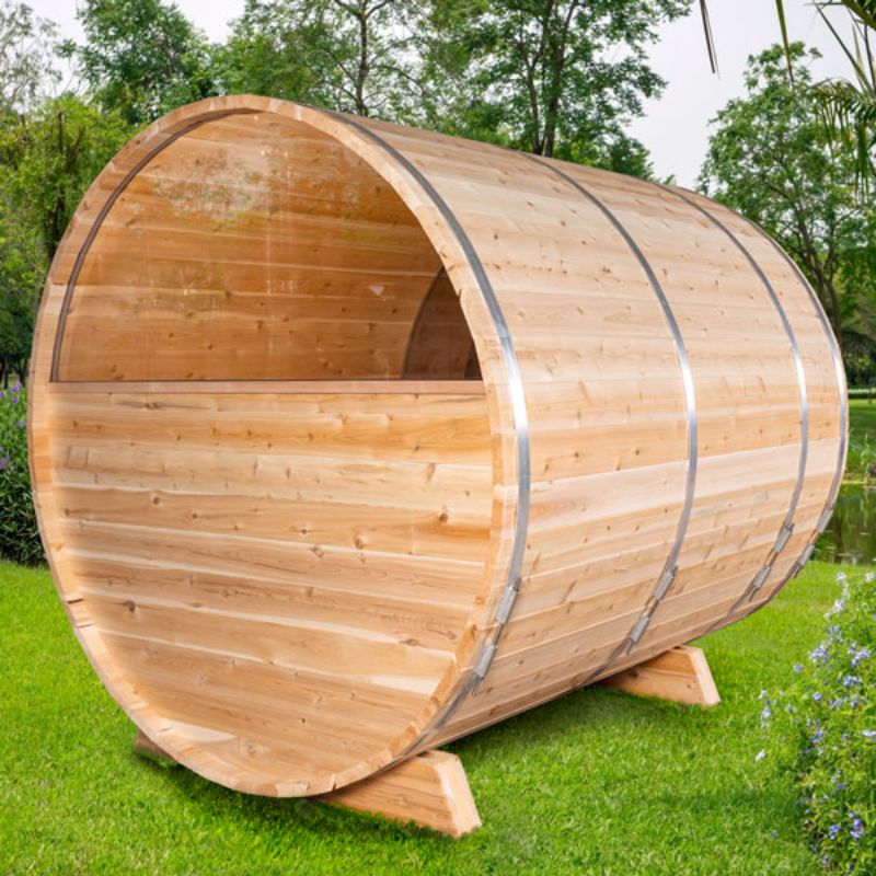Dundalk Tranquility Barrel Sauna CTC2345MP - angled exterior view of the rear