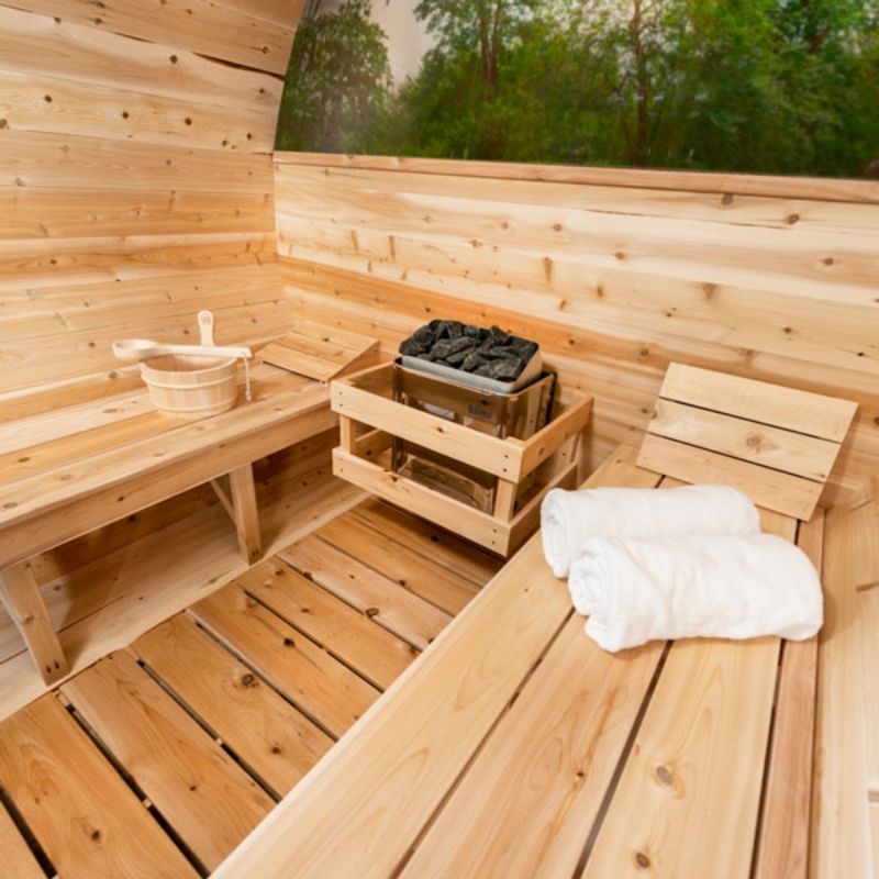 Dundalk Tranquility Barrel Sauna CTC2345MP - interior view of the benches and electric stove