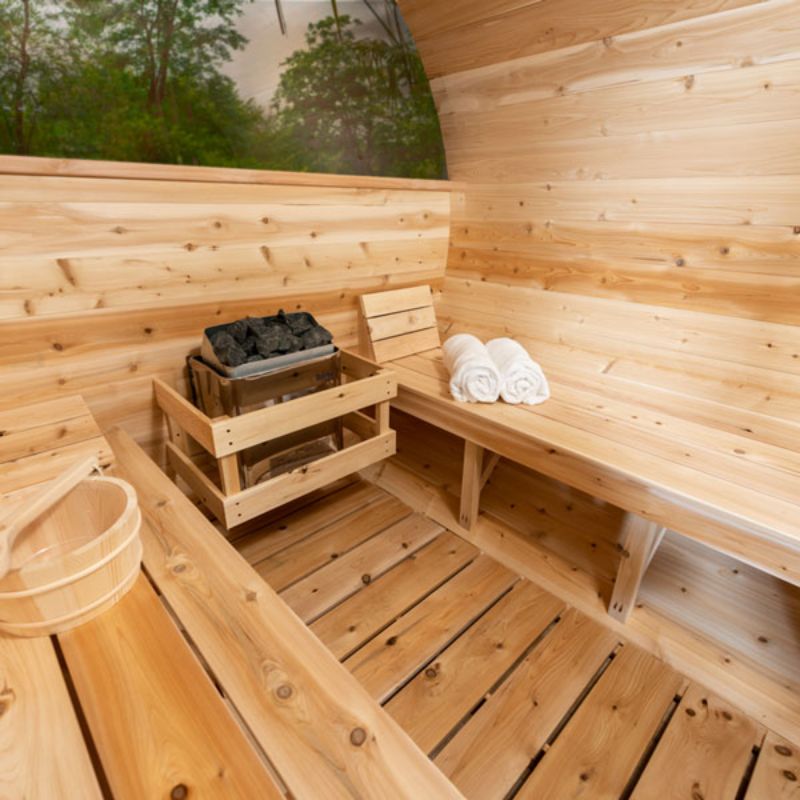 Dundalk Tranquility Barrel Sauna CTC2345MP - interior view of the benches and heater