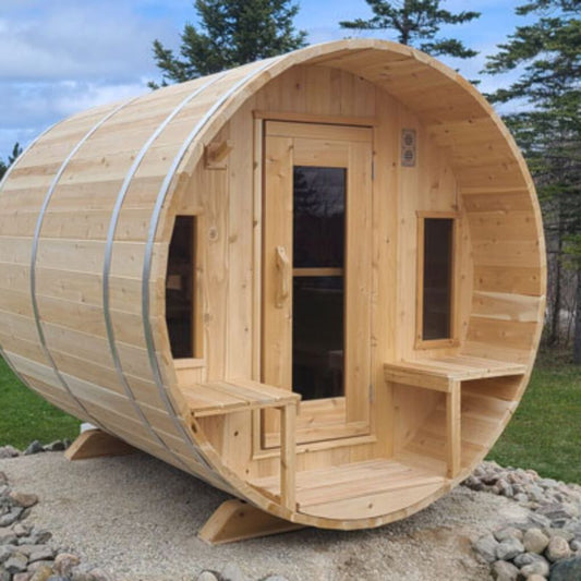 Dundalk LeisureCraft Tranquility Barrel Sauna CTC2345H - backyard