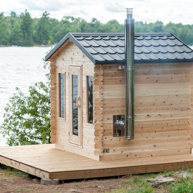 Dundalk LeisureCraft Georgian Outdoor 6 Person Steam Sauna - on platform by a lake