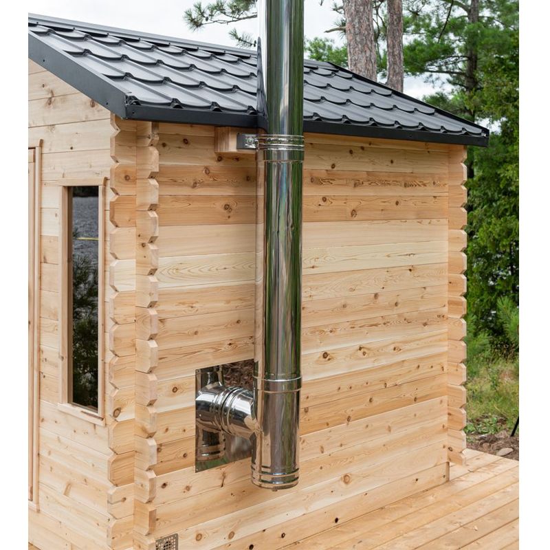 Dundalk LeisureCraft Georgian Outdoor 6 Person Steam Sauna - close up of wood-burning stove chimney