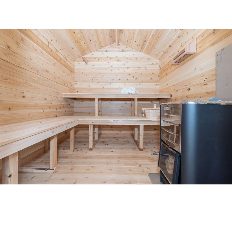 Dundalk LeisureCraft Georgian Outdoor 6 Person Steam Sauna - direct view, inside of benches and heater
