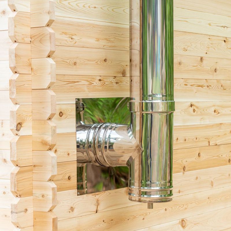 Dundalk LeisureCraft Georgian Outdoor 6 Person Steam Sauna - close up of chimney through wall connection