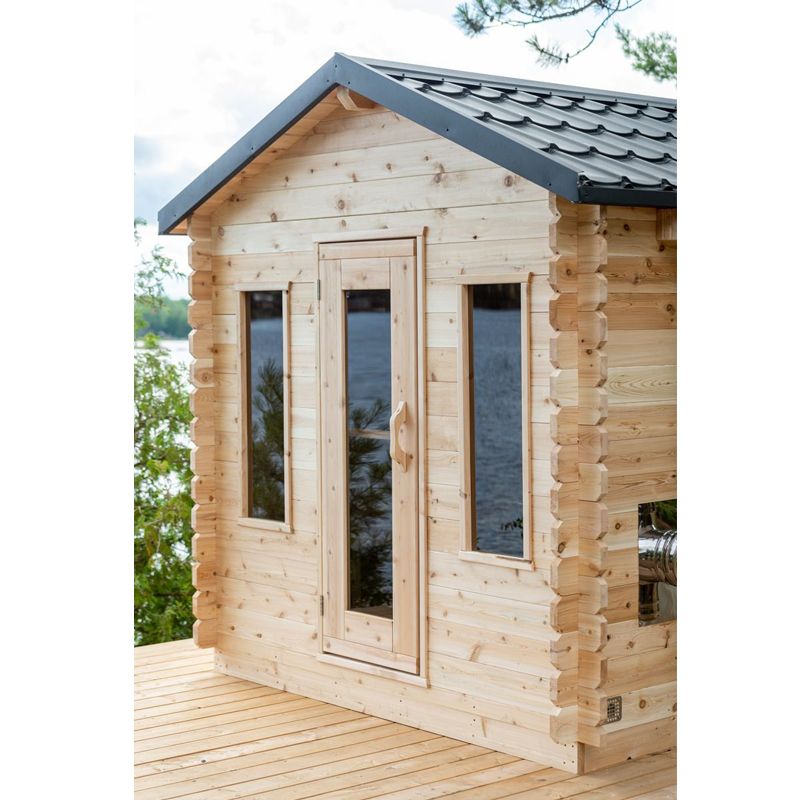 Dundalk LeisureCraft Georgian Outdoor 6 Person Steam Sauna - close up of the front door and windows