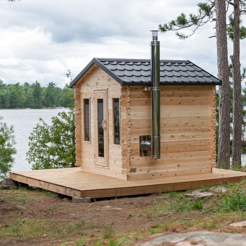 Dundalk LeisureCraft Georgian Outdoor 6 Person Steam Sauna - full view with lake in background