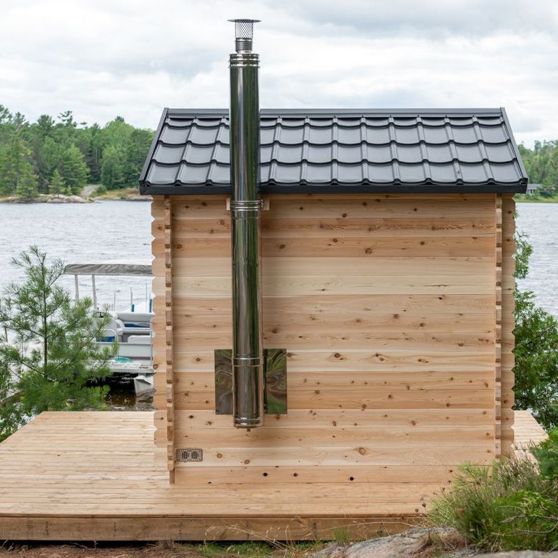 Dundalk LeisureCraft Georgian Outdoor 6 Person Steam Sauna - view of the side with wood stove chimney