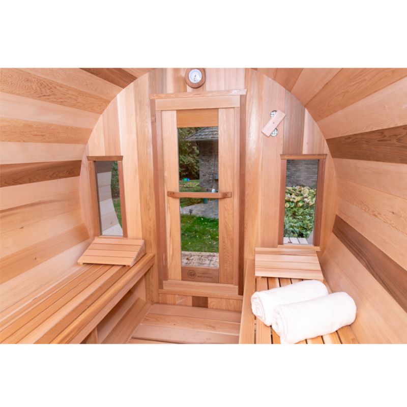 Dundalk LeisureCraft Tranquility Barrel Sauna CTC2345H - interior looking at the door