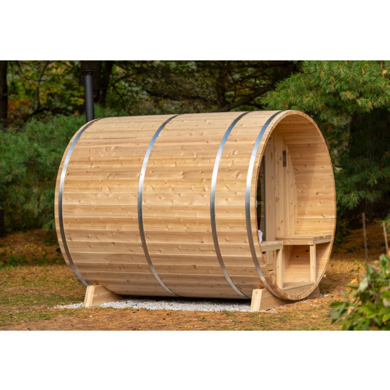 Dundalk Serenity Barrel Sauna CTC2245W - in the yard angle view