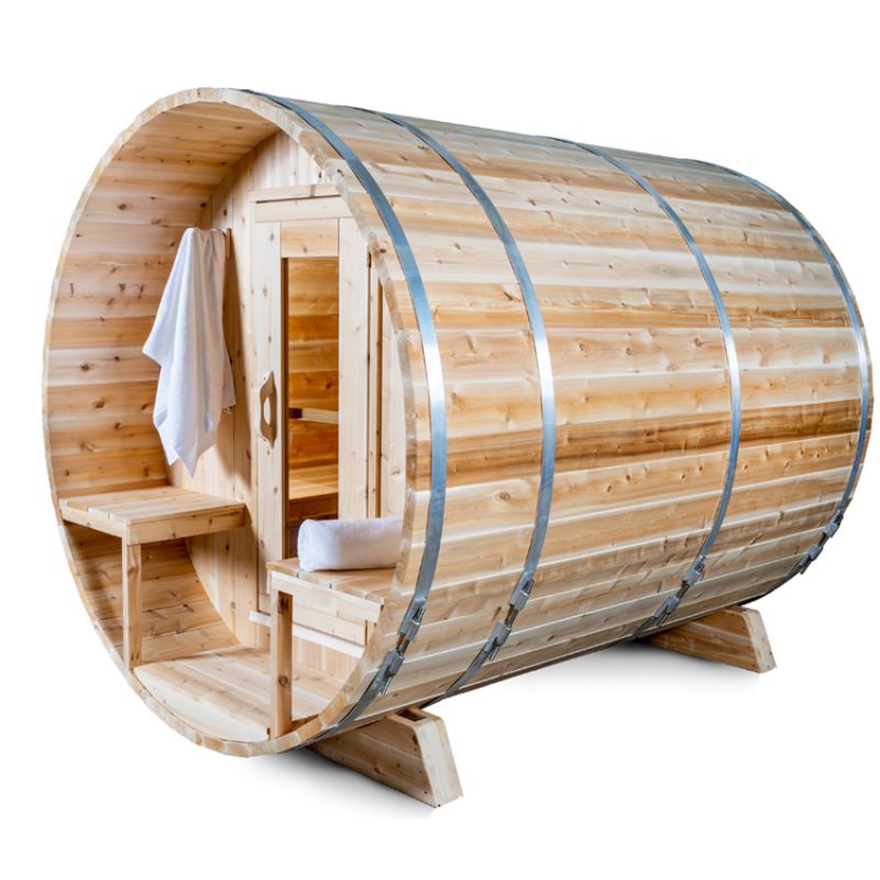 Dundalk Serenity Barrel Sauna CTC2245W - angle view, porch