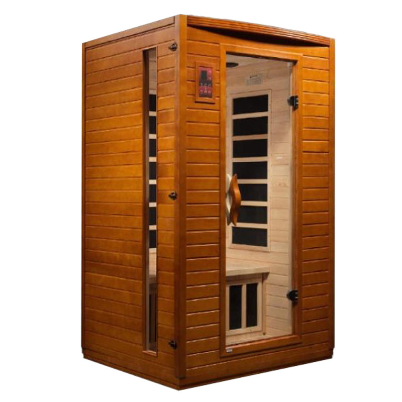 Dynamic Saunas Versailles DYN-6202-03 | 2 Person Low EMF Far Infrared Sauna - angled front view. Darker stain.