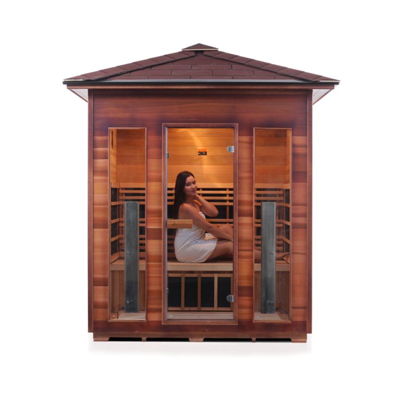 Enlighten Rustic 4 Person Infrared Sauna - Peak Roof